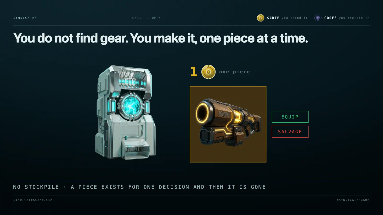 The Fabricator, the price of one piece in Scrip, and the freshly made weapon with equip and salvage under it.