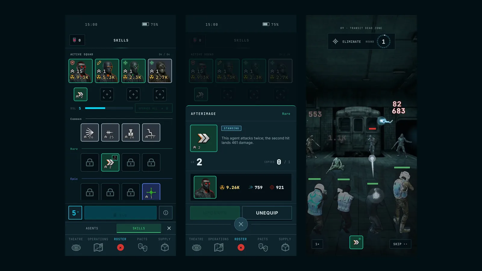 The skills screen with the squad's loadout above the catalogue, a skill detail sheet reading its rule and level, and a skill firing on the battle field.