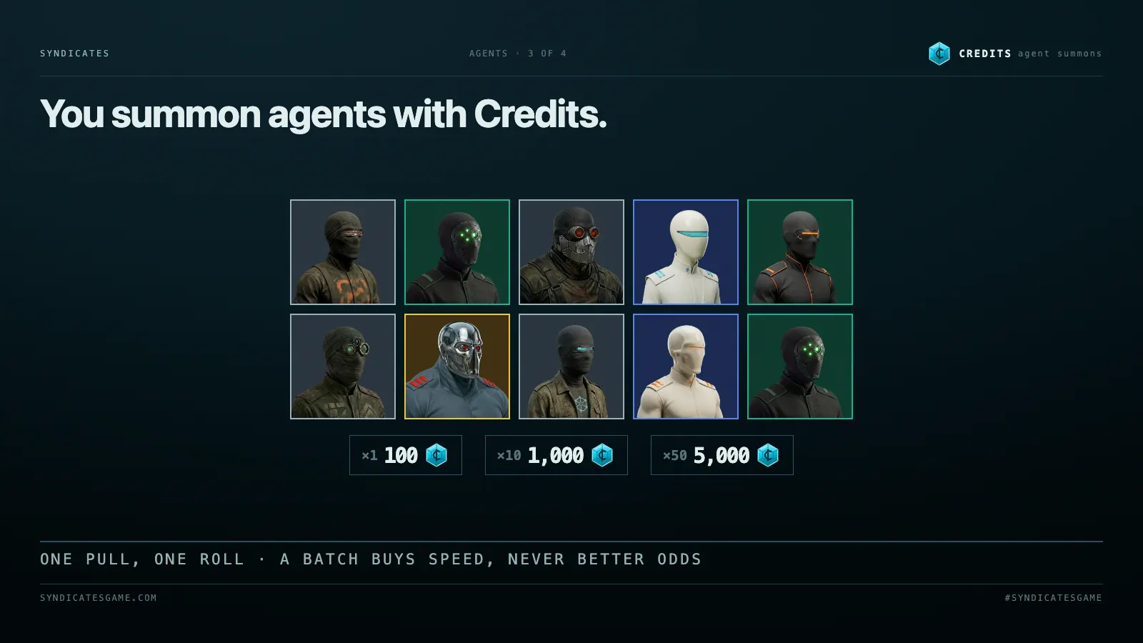 A ten-pull of agent tiles, with the price of one, ten and fifty summons in Credits.