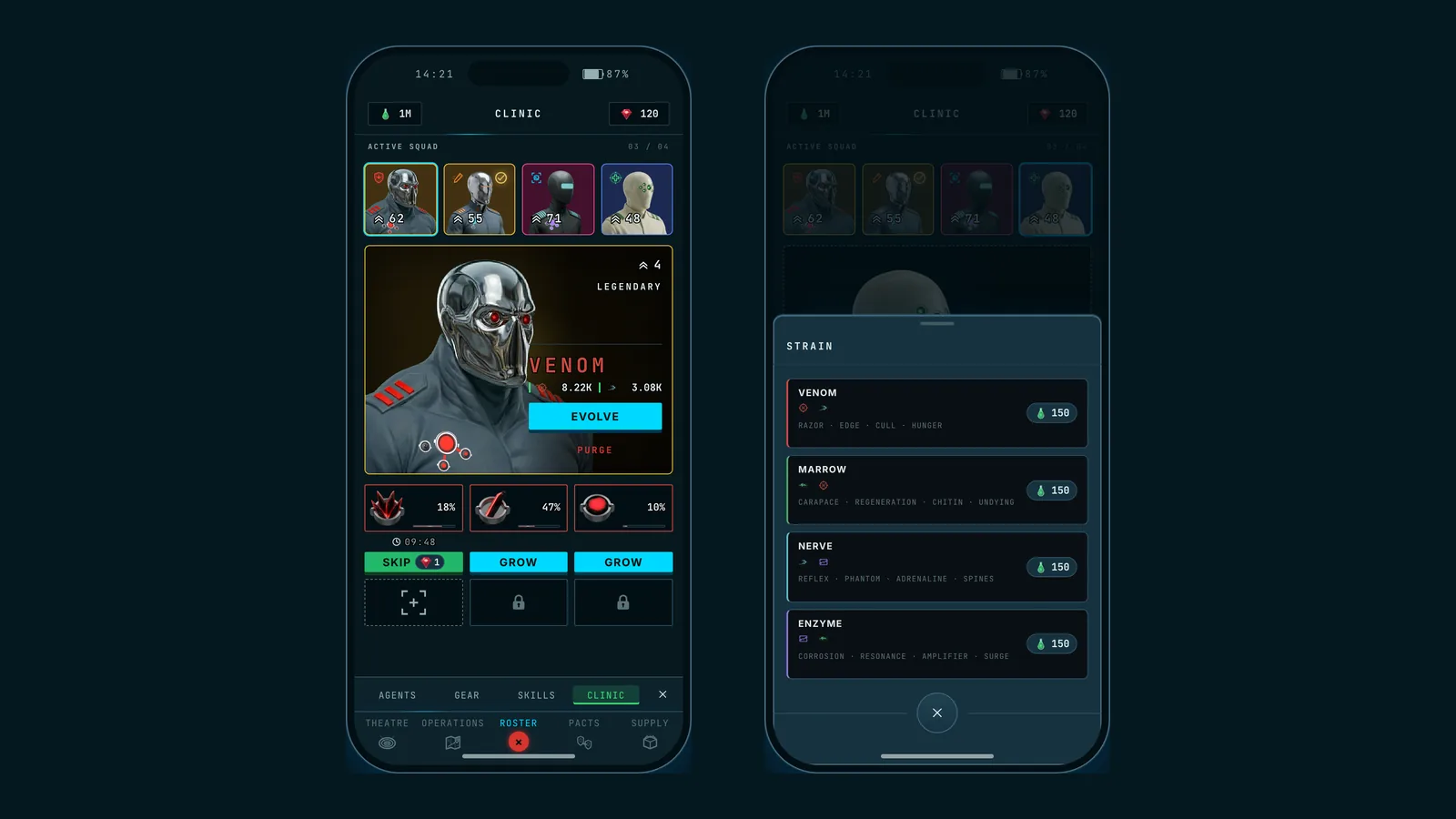 The Clinic with a Legendary Venom parasite on an Enforcer host and its three organs, and the strain sheet listing Venom, Marrow, Nerve and Enzyme with the organs each one grows.