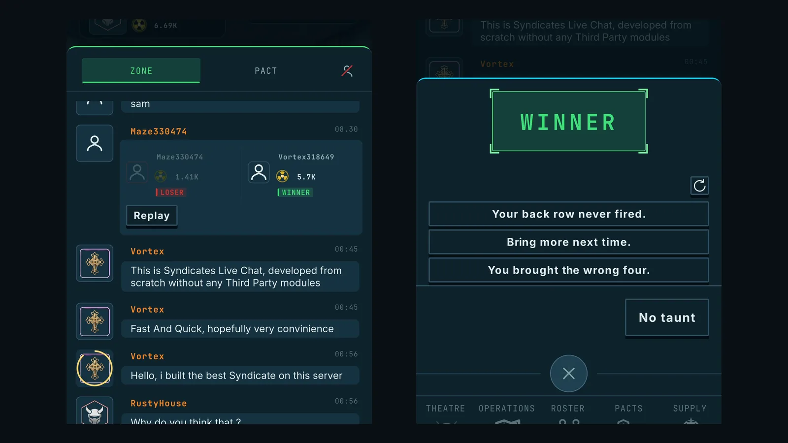 The zone board with an attack result card in the feed showing both syndicates, a loser and a winner stamp and a replay button, and beside it the sheet where the winner picks a taunt.